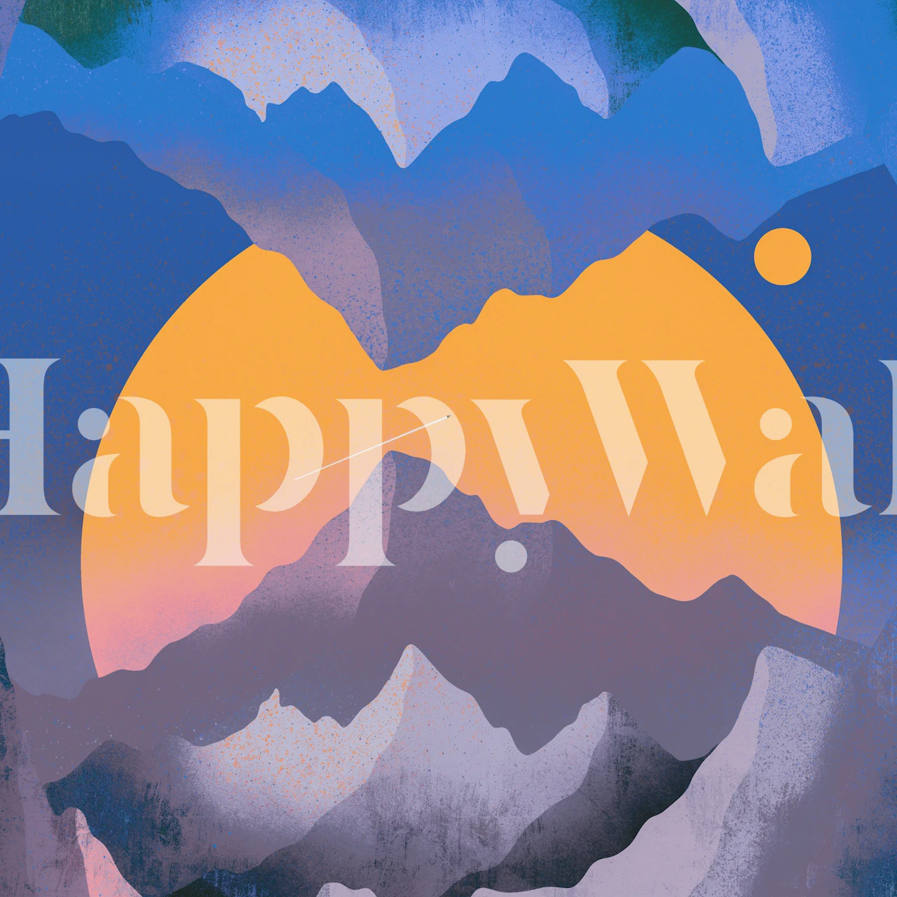 Abstract space-themed mural with mountains and stylized orange planet