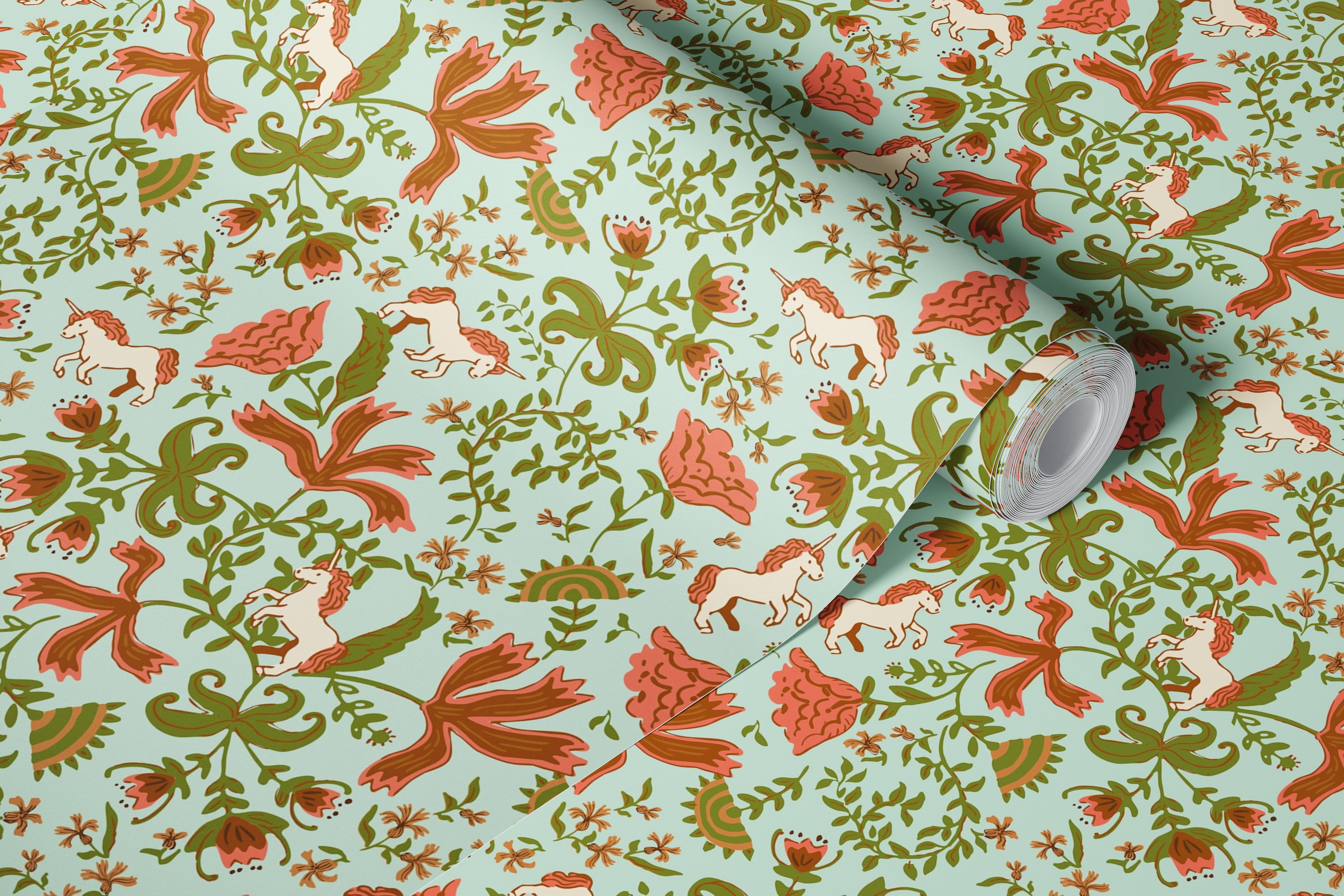 Whimsical unicorns and floral patterns in pastel colors wallpaper