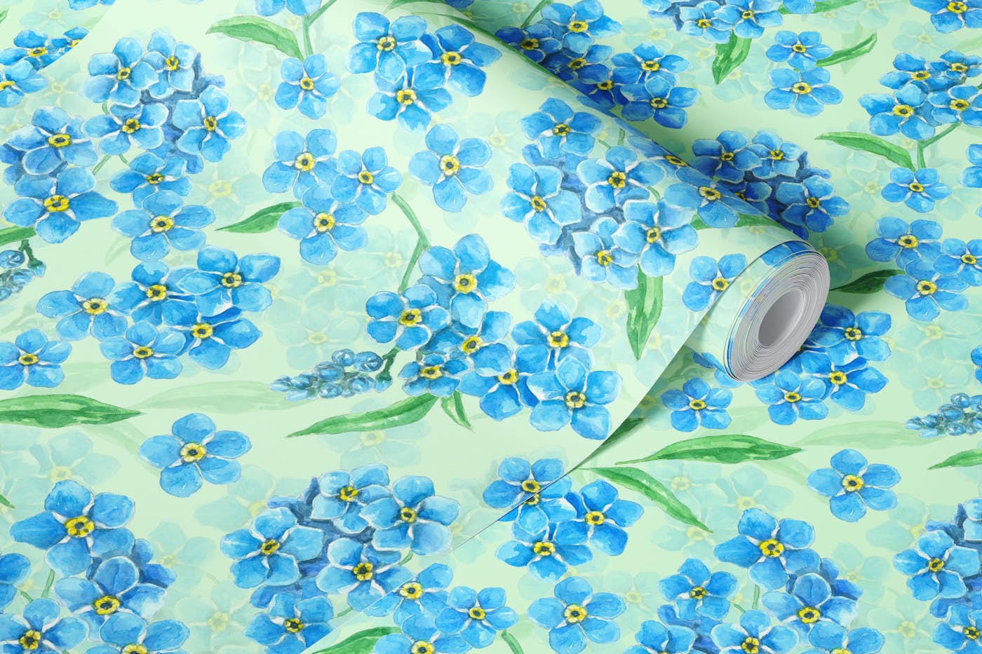 Forget me not flowers on green wallpaper roll