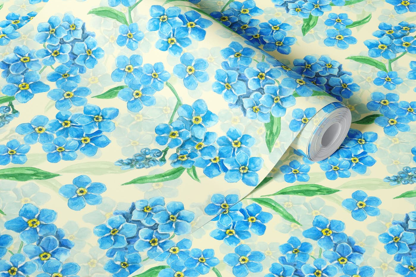 Forget me not flowers on yellow wallpaper roll