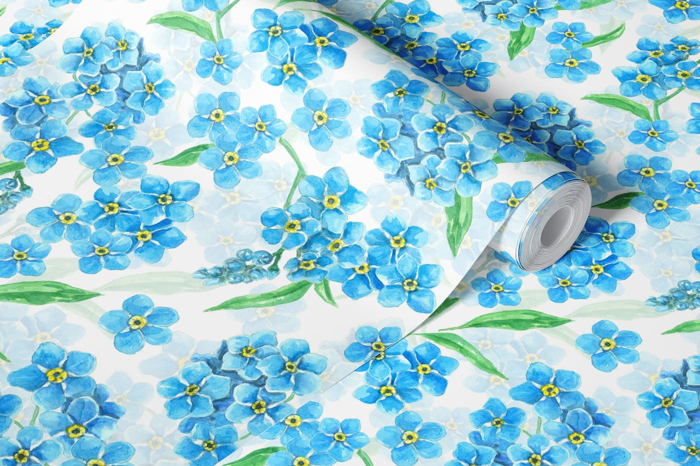 Forget me not flowers on white wallpaper roll