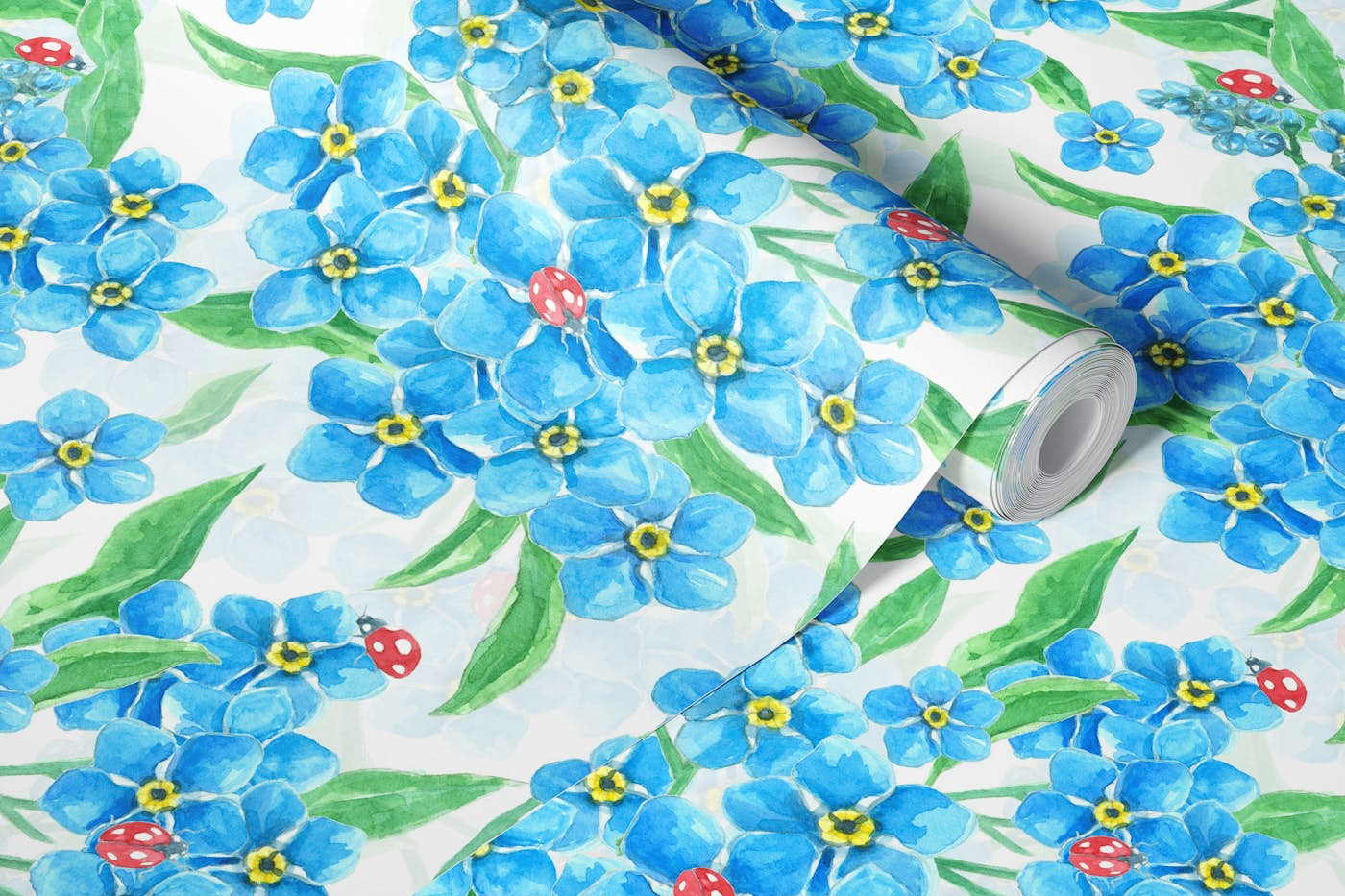 Forget me not and ladybugs wallpaper roll