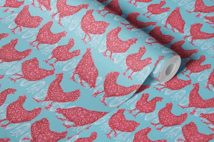 Pink chickenswallpaper roll