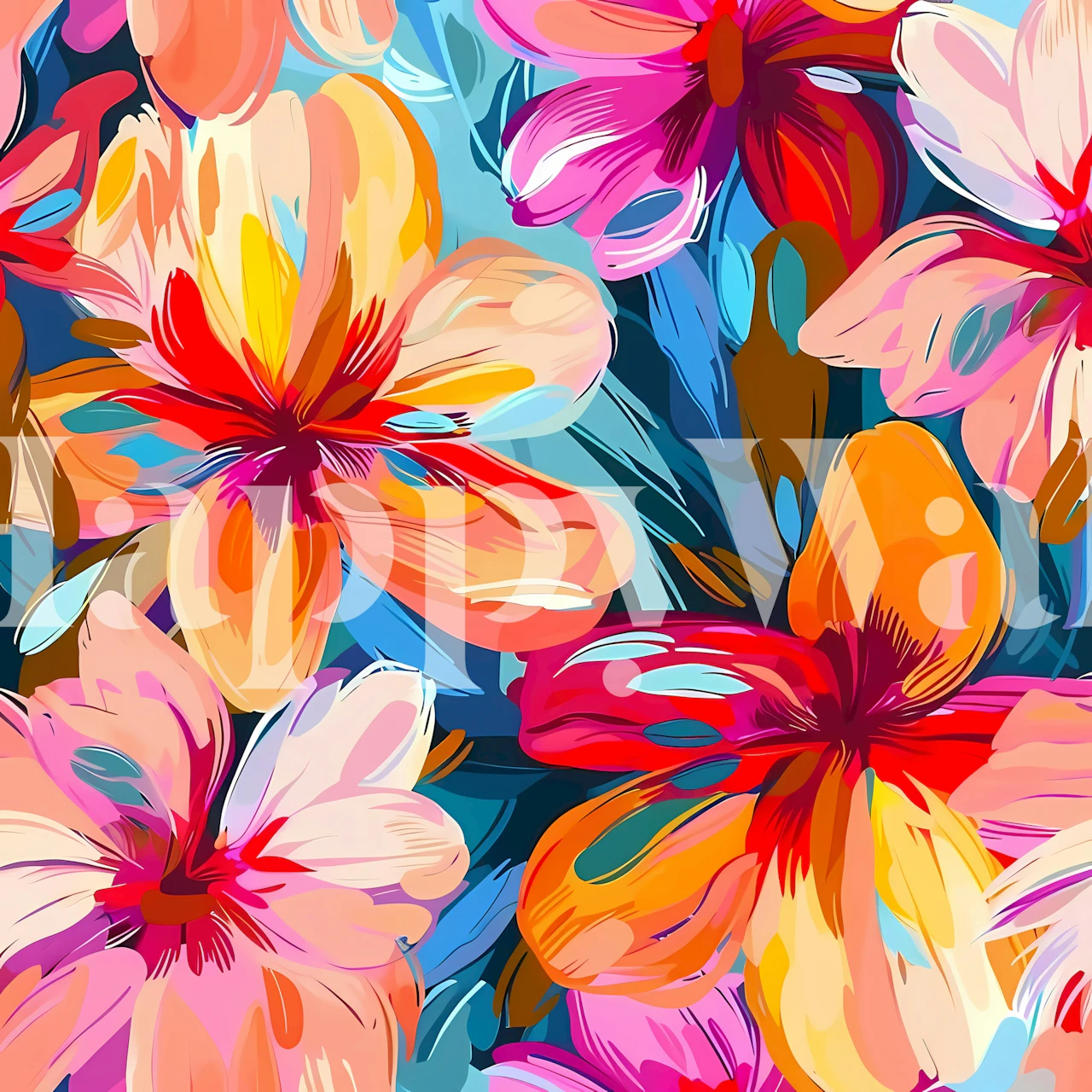 Bright floral wallpaper featuring pink, orange, and yellow blooms on a blue background