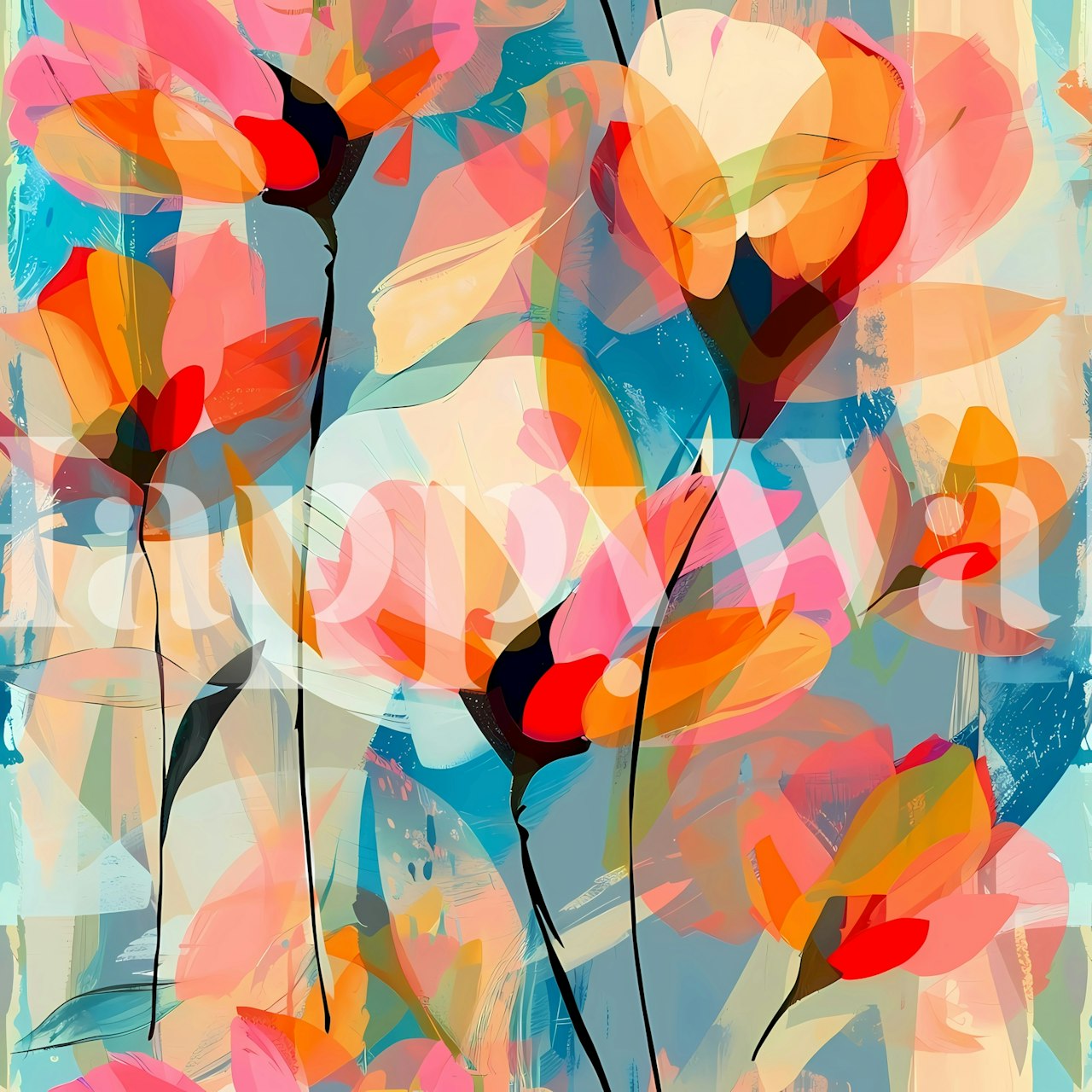 Colorful floral design wallpaper with pink and orange flowers on a blue background.