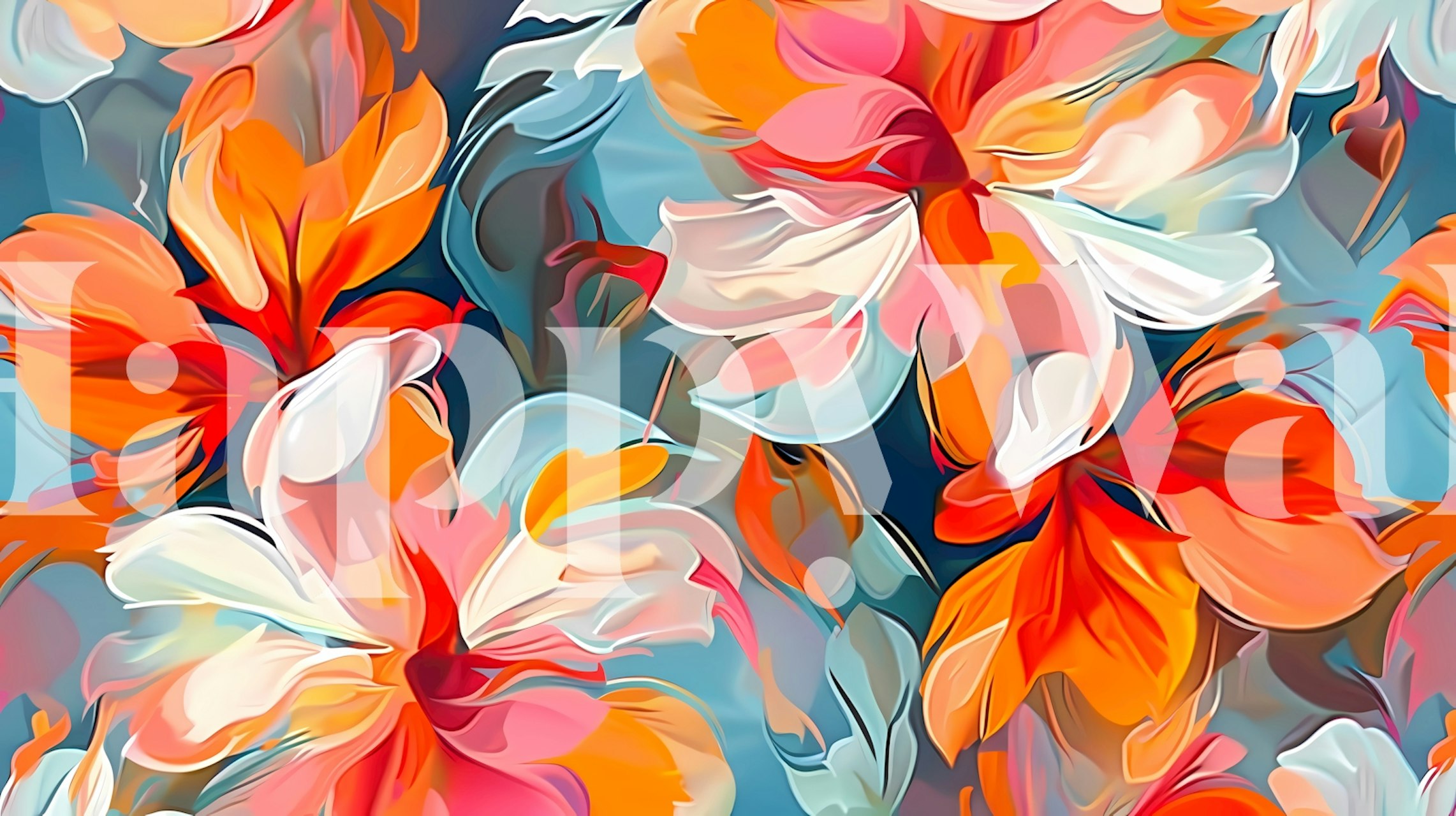 Colorful tropical floral design with orange and pink flowers wallpaper