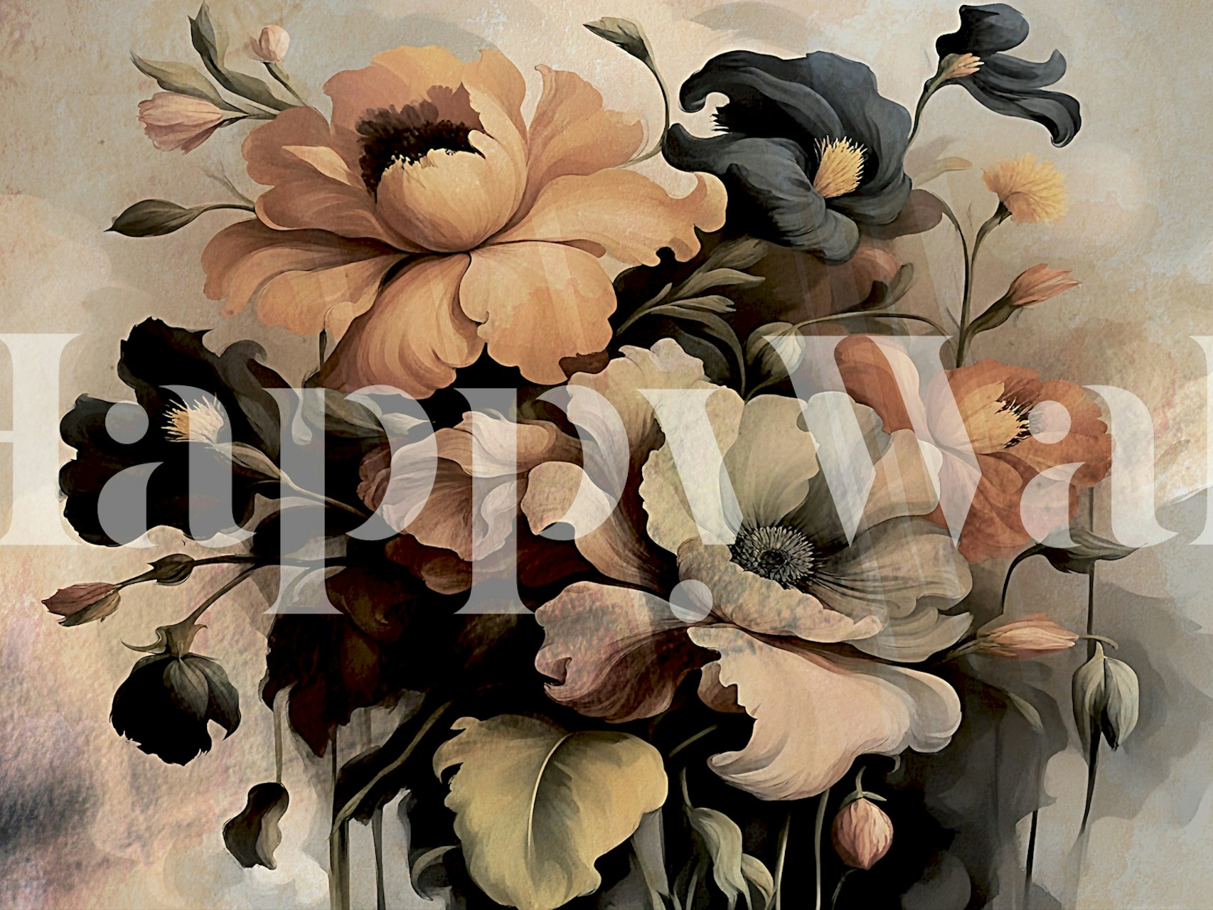 Floral wallpaper featuring large, moody flowers in earthy tones of peach, black, and cream.