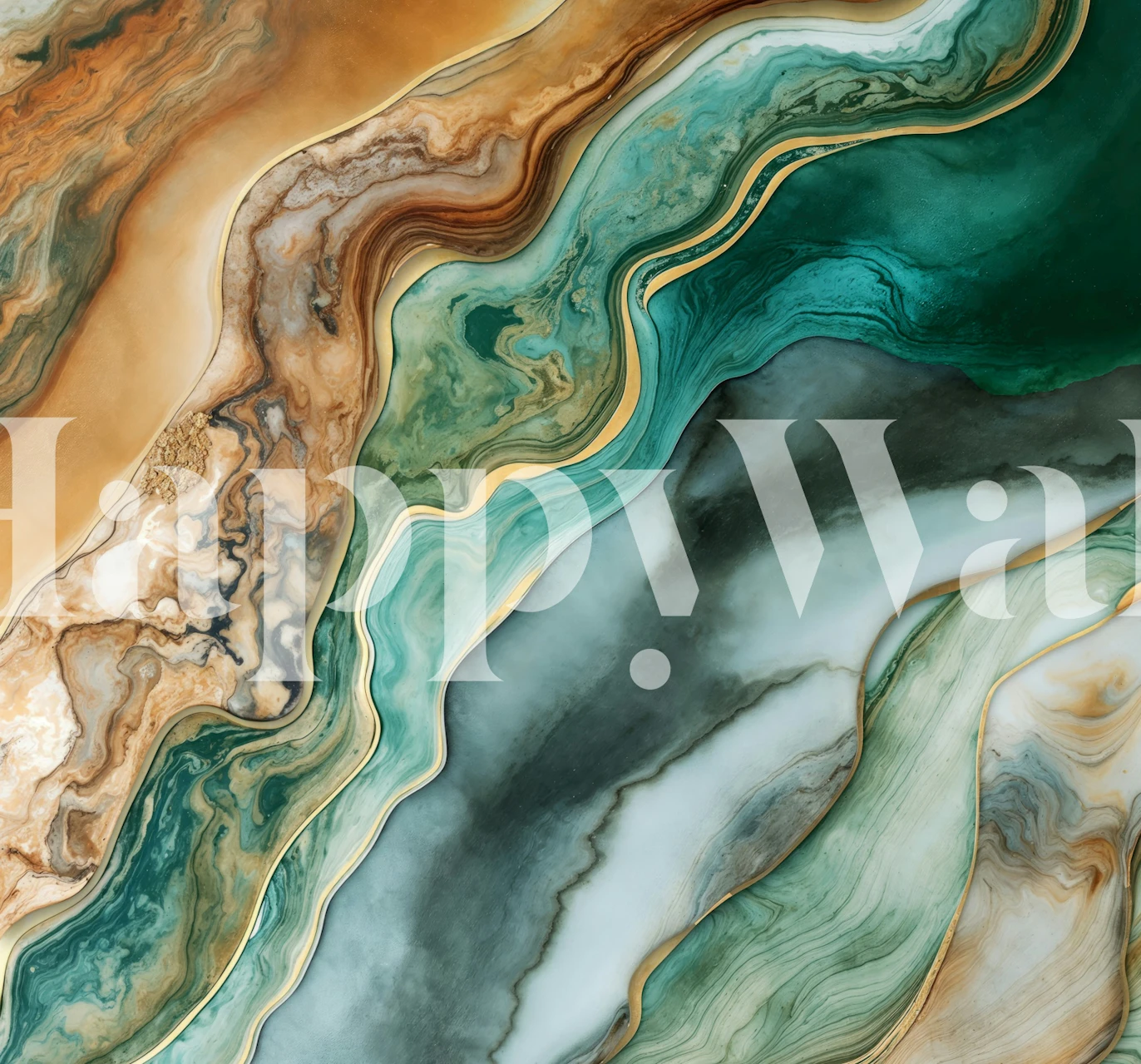 Elegant marbled abstract ink art wall mural with swirls of gold, emerald, and ivory