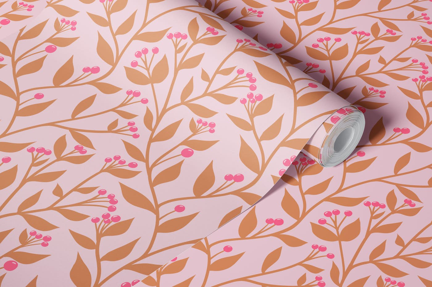 Brown and pink leaf pattern wallpaper roll