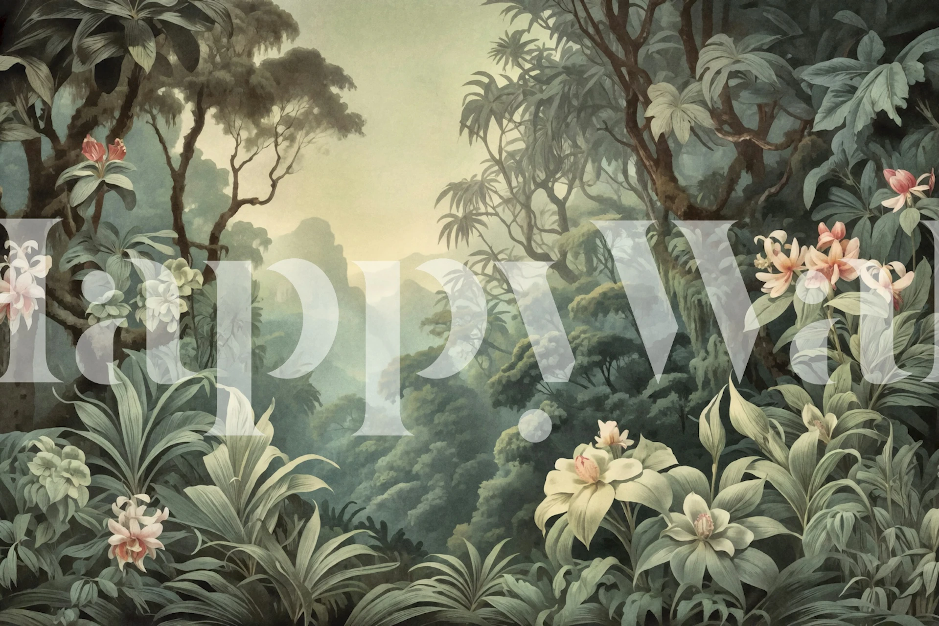 Tropical rainforest wall mural with lush greenery and florals