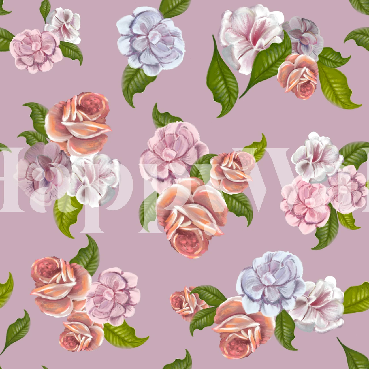 Vintage floral pink wallpaper featuring roses and leaves