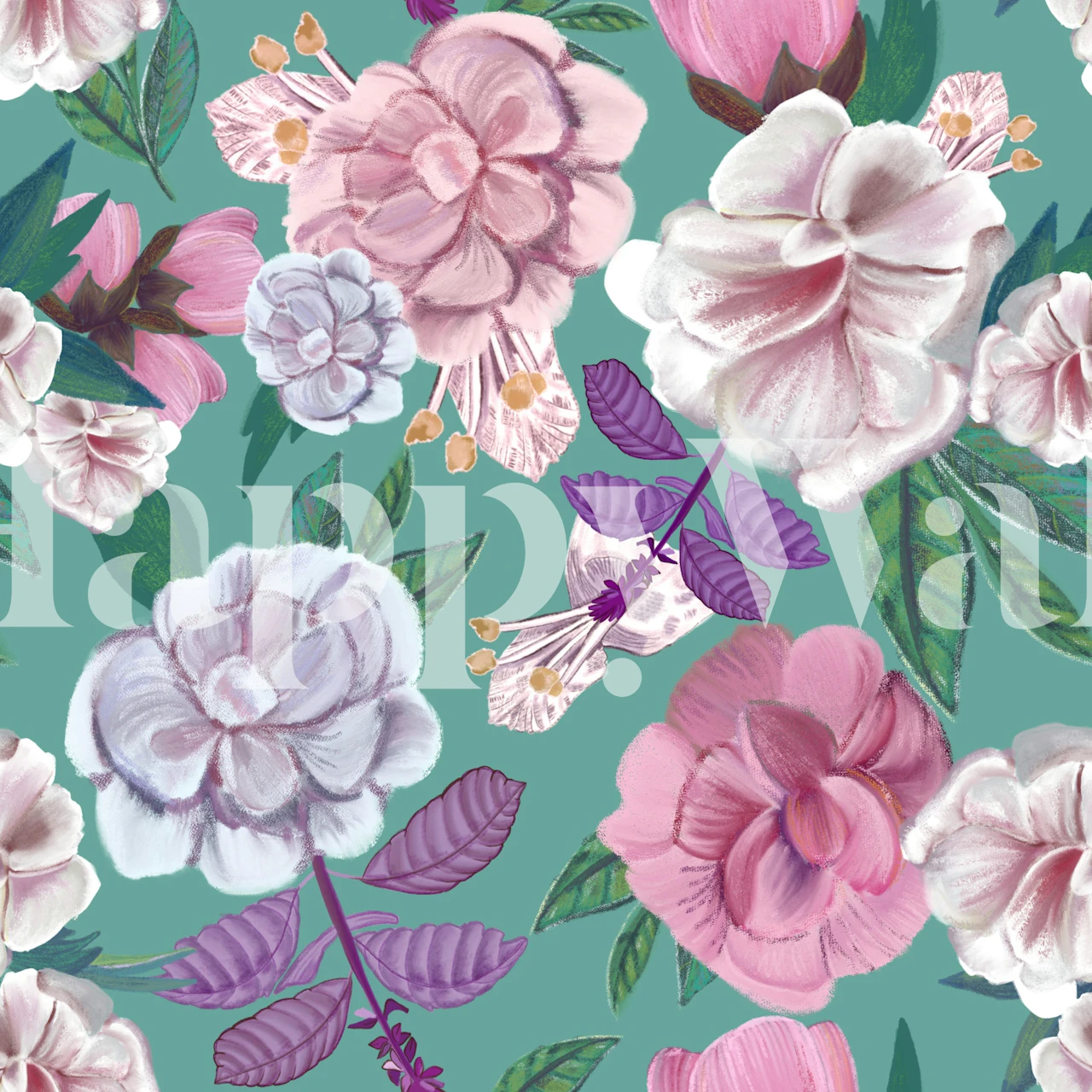 Basil flowers and roses in soft pink and white on turquoise wallpaper