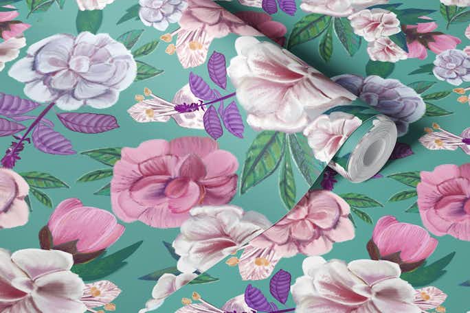 Basil Flowers and Roses Patternwallpaper roll