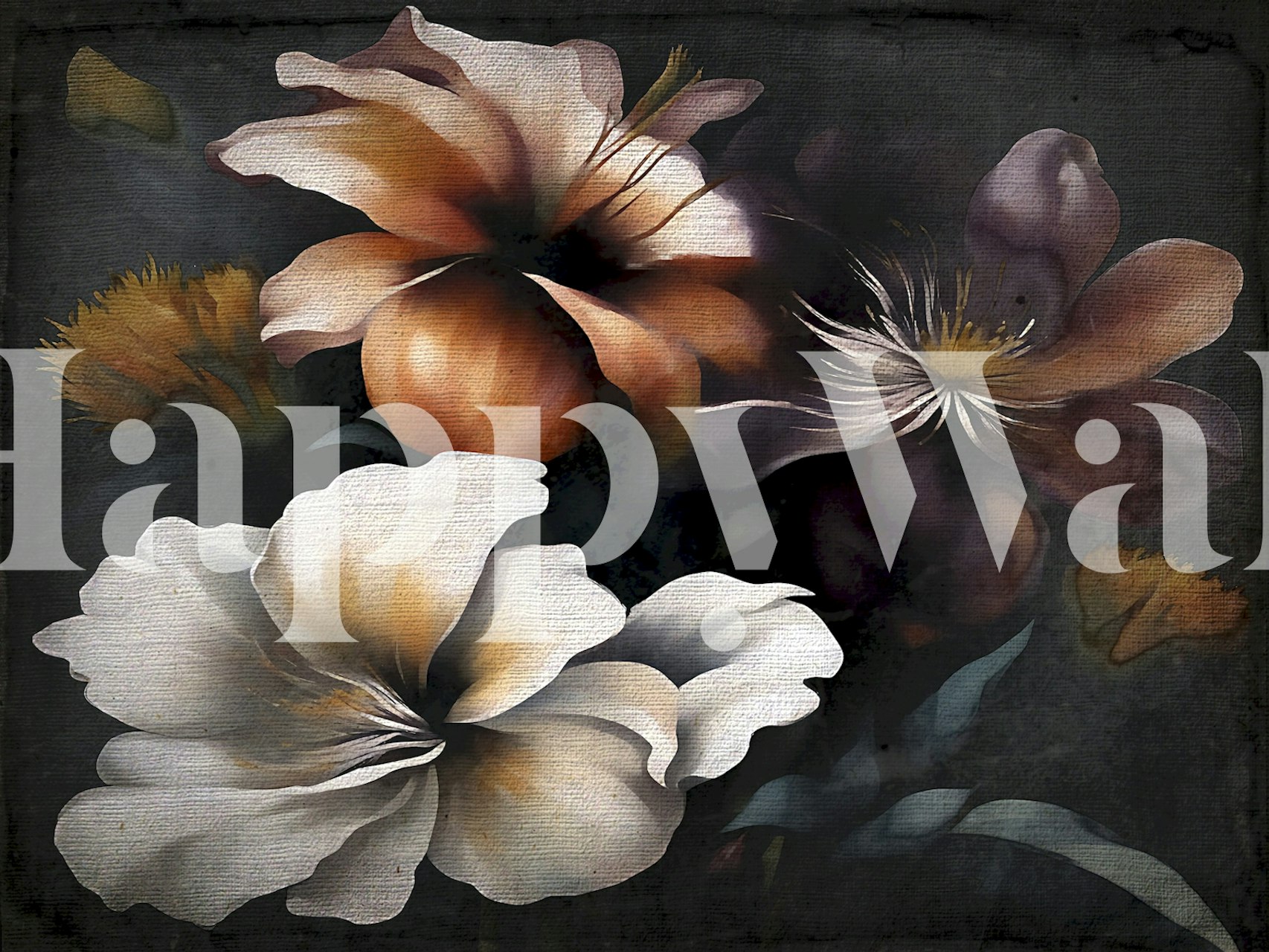Large moody floral mural with dark background wallpaper