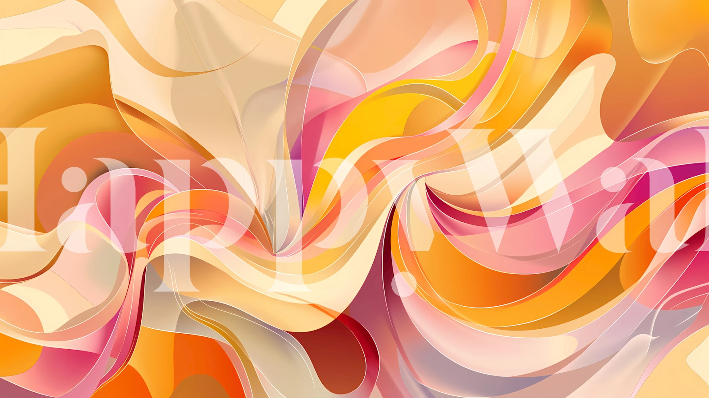 Abstract wall mural with sinuous overlapping shapes in warm tones of peach, amber, and cream