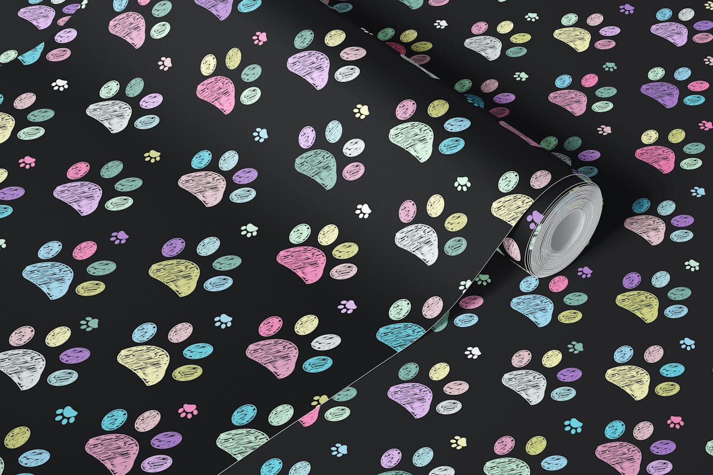 Colorful paw prints pattern black background wallpaper roll