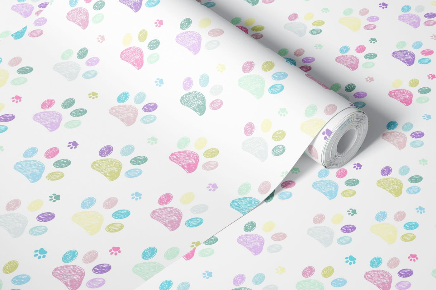 Colorful paw prints pattern white background wallpaper roll