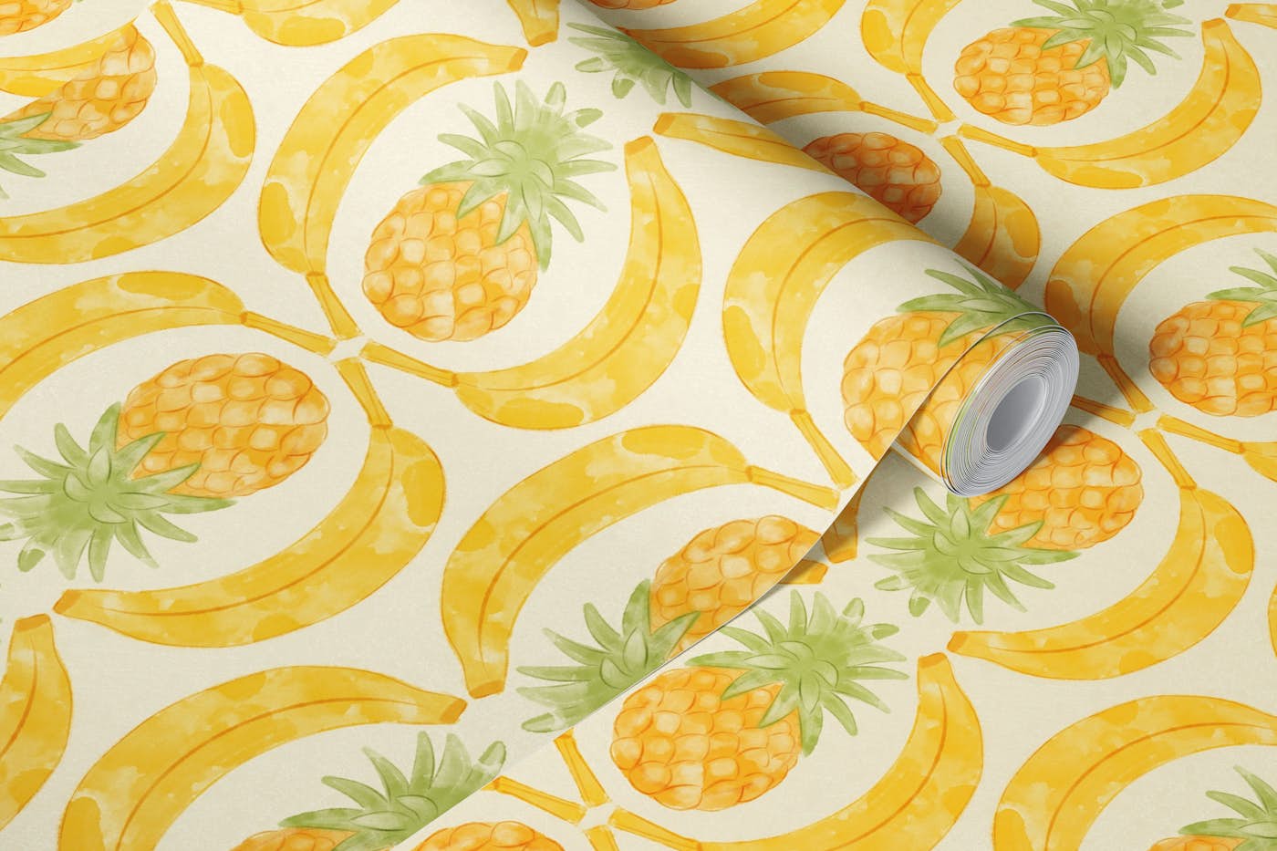 Pineapple and Banana Geometric Watercolor wallpaper roll