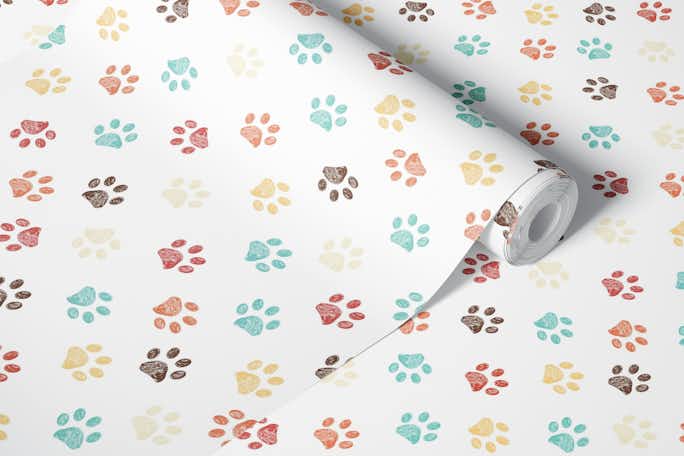 Terra cota colored paw prints patternwallpaper roll