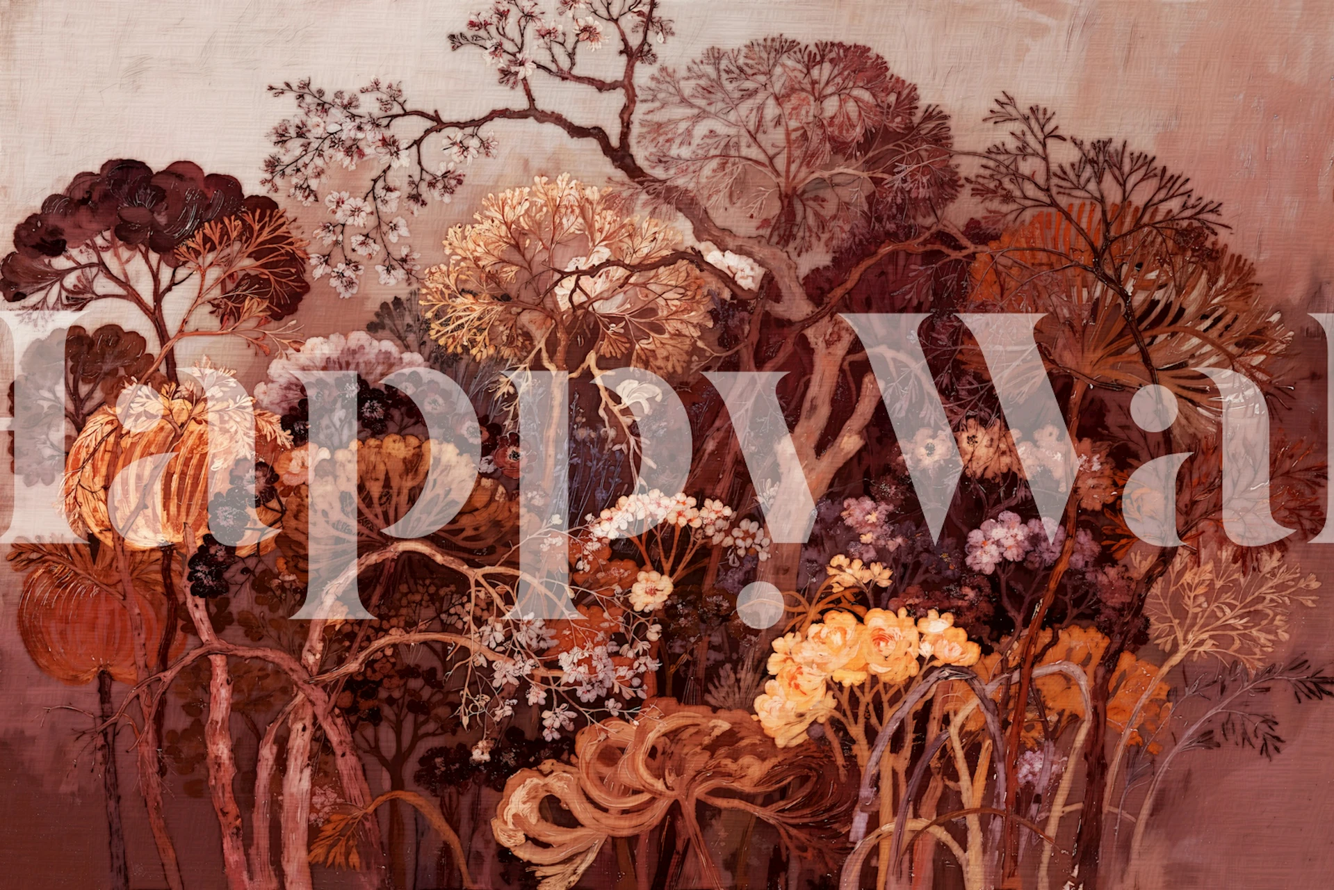 Dark floral pattern wall mural with moody, shadowy accents for interior decor