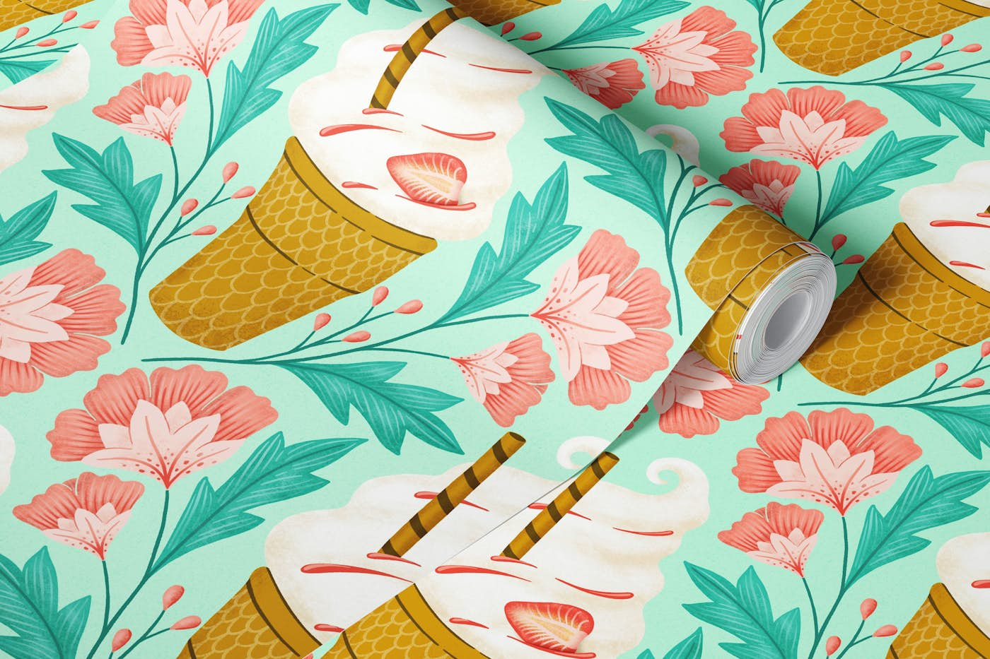 Soft ice cream with flowers on mint wallpaper roll