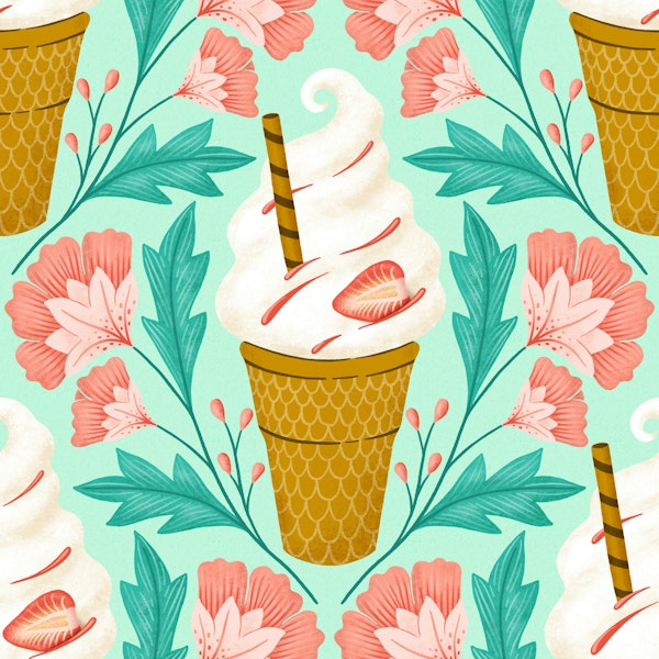 Soft ice cream with flowers on mint