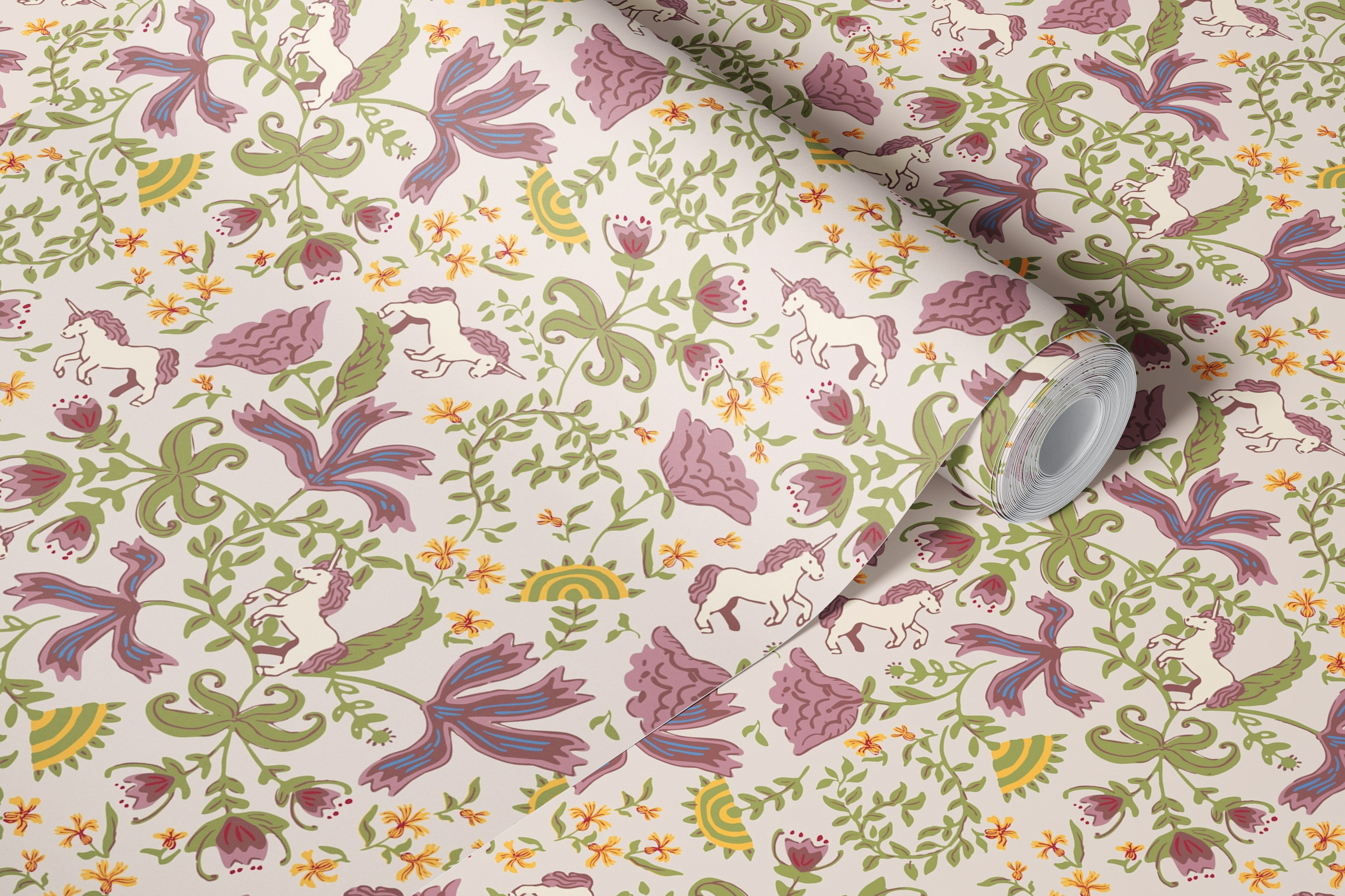 Pastel unicorns and flowers on a soft cream background wallpaper