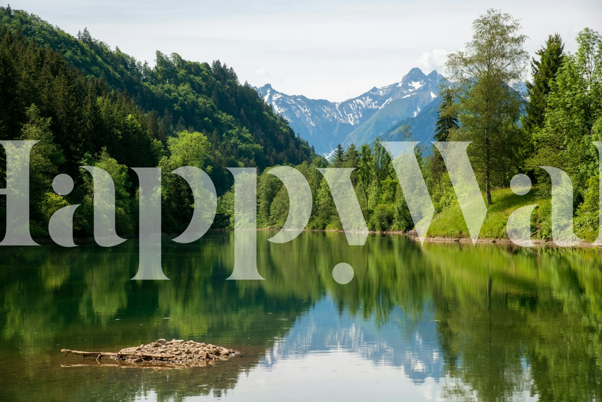 Mountain lake with greenery and reflection wallpaper