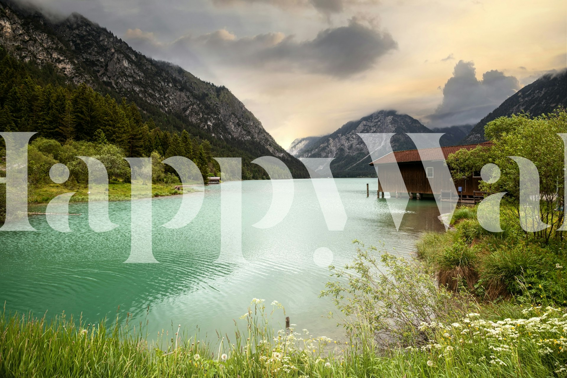 Heiterwangersee wall mural with mountains, lake, and cabin