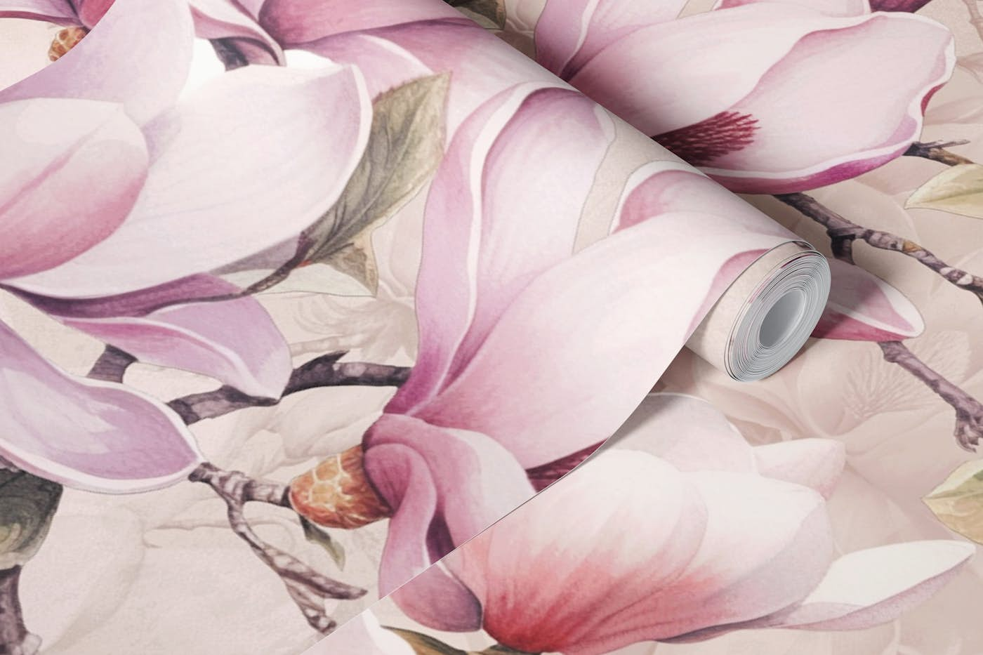 Magnolia And Butterfly Pastel Pink wallpaper roll