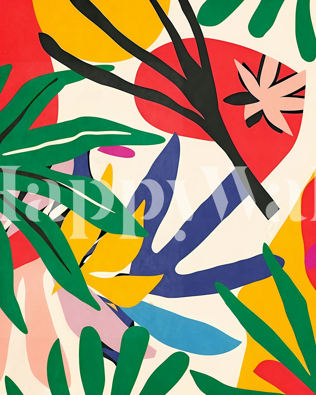 Tropical plant shapes in bold colors like red, yellow, and green wallpaper