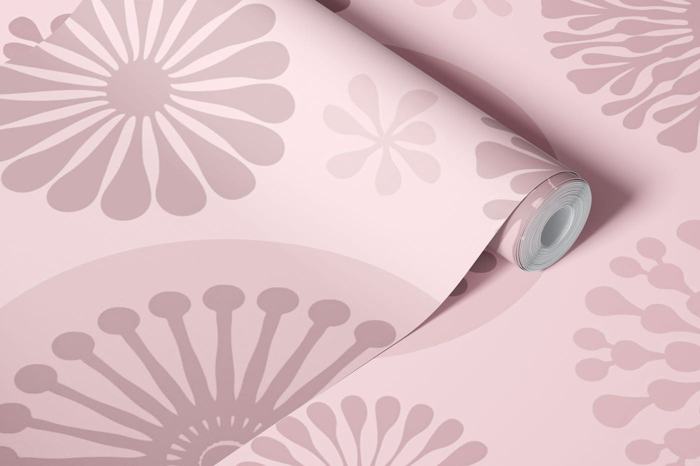 Floral Whimsy Retro Flowers Pastel Pink wallpaper roll