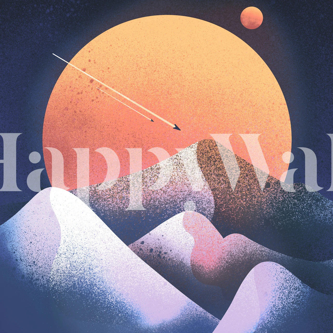 Abstract mountains with blue gradients and orange sun wallpaper