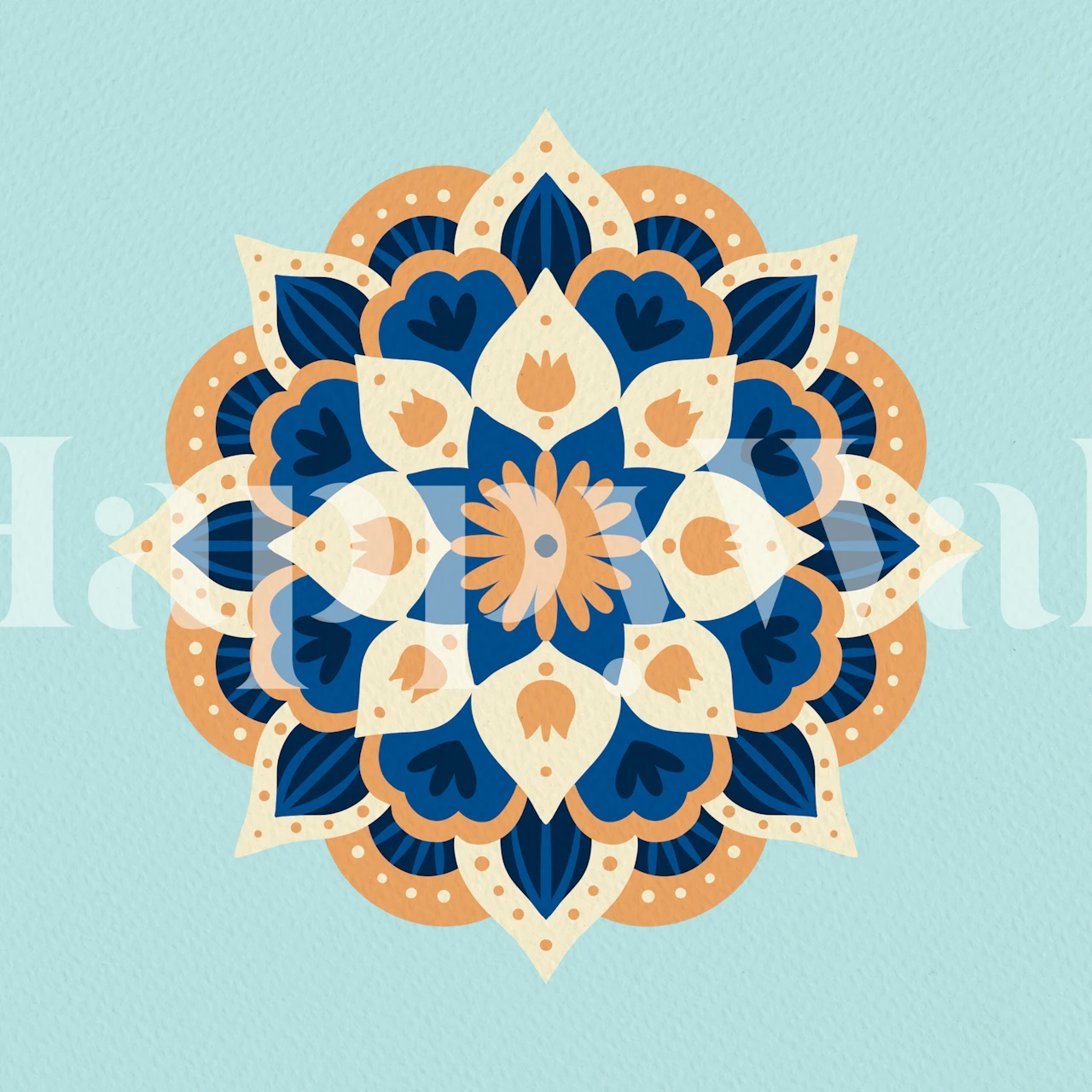 Dahlia mandala pattern in blue and orange wallpaper