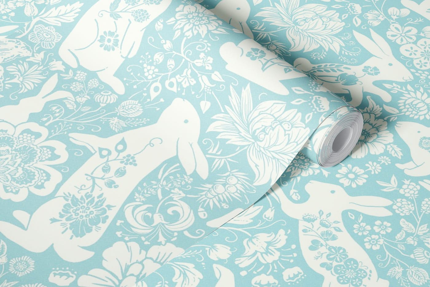 Rabbit Flower Dance (light blue) wallpaper roll