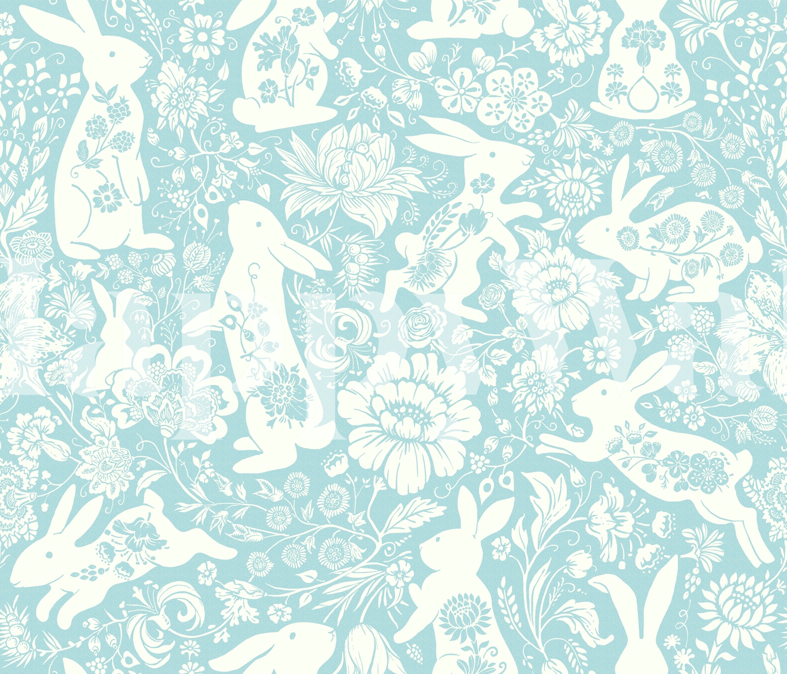 Blue Rabbit Pattern Desktop Background Floral Rabbit Wallpaper Light Blue Design