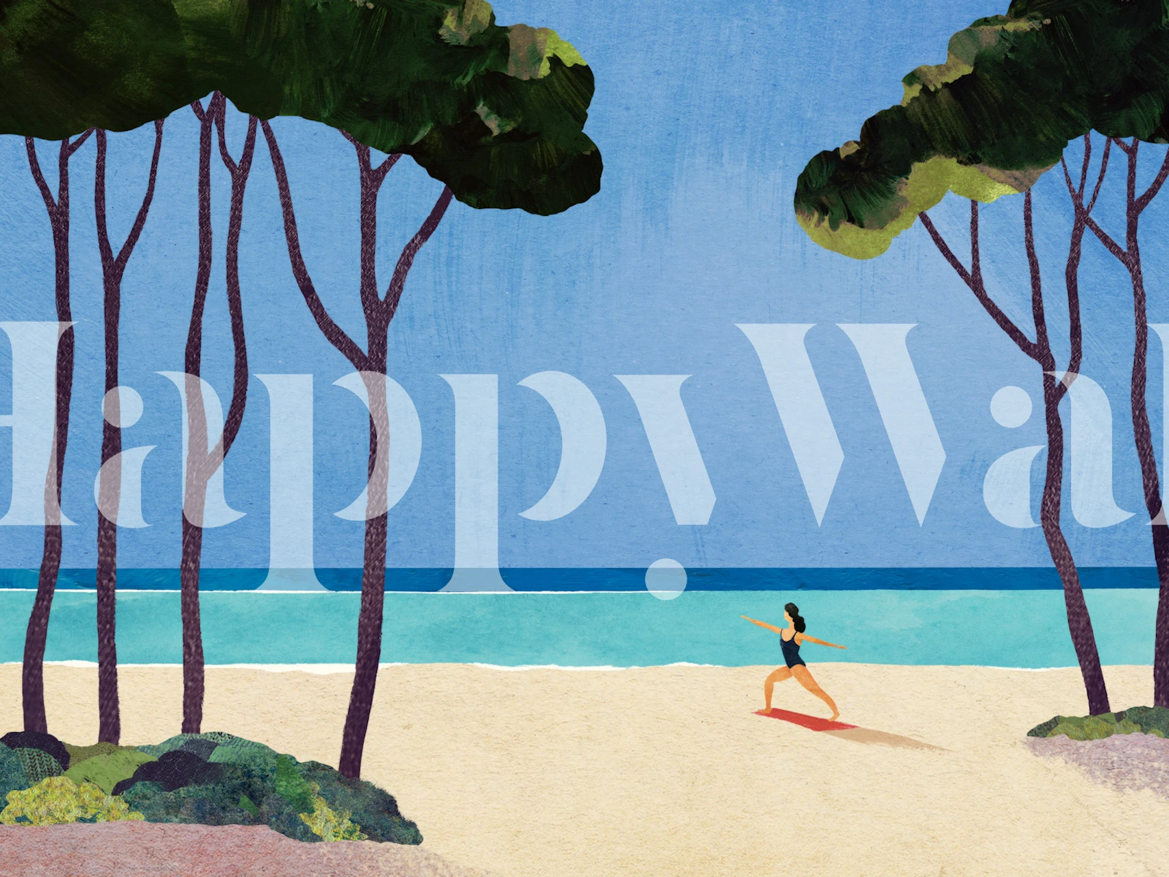 Woman practicing yoga on the beach with trees and ocean, colorful wallpaper