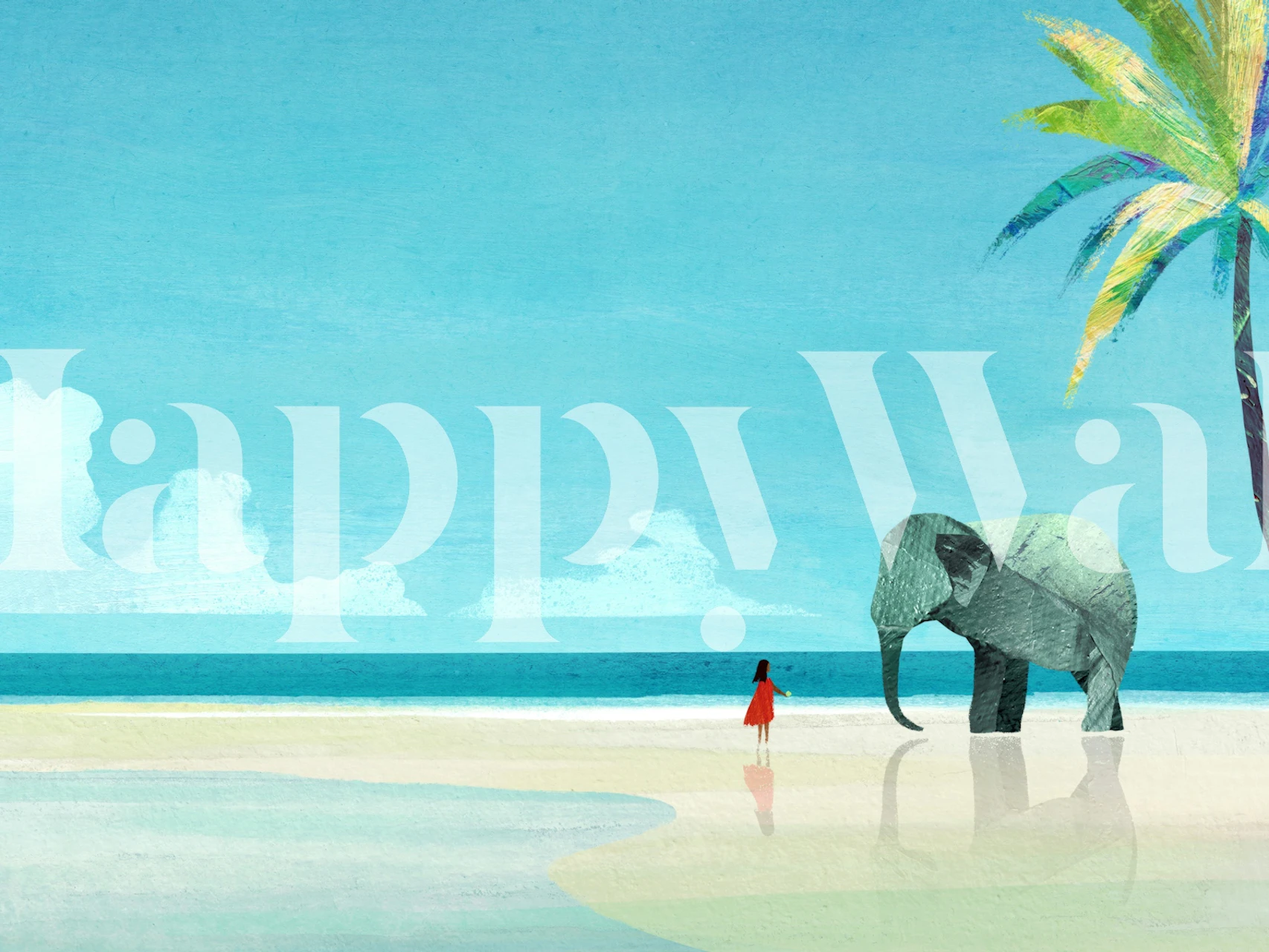 Tropische Szene mit Elefant, Mädchen und Palmen, hellblaue und grüne Farben, illustrierte Tapete