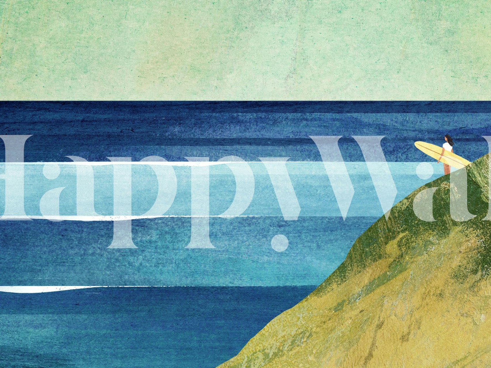 Ocean waves in shades of blue with a surfer on a cliff wallpaper