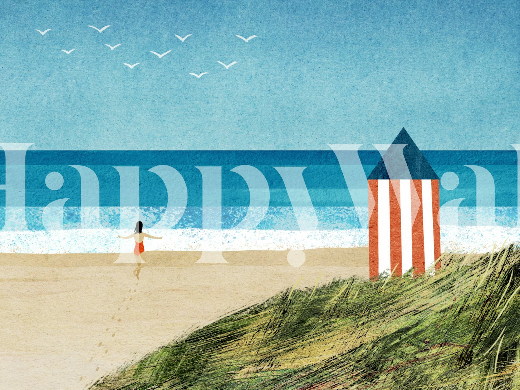 Person on beach near striped hut illustration