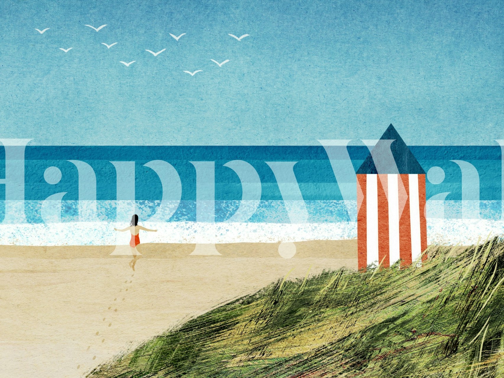 Person on beach near striped hut illustration