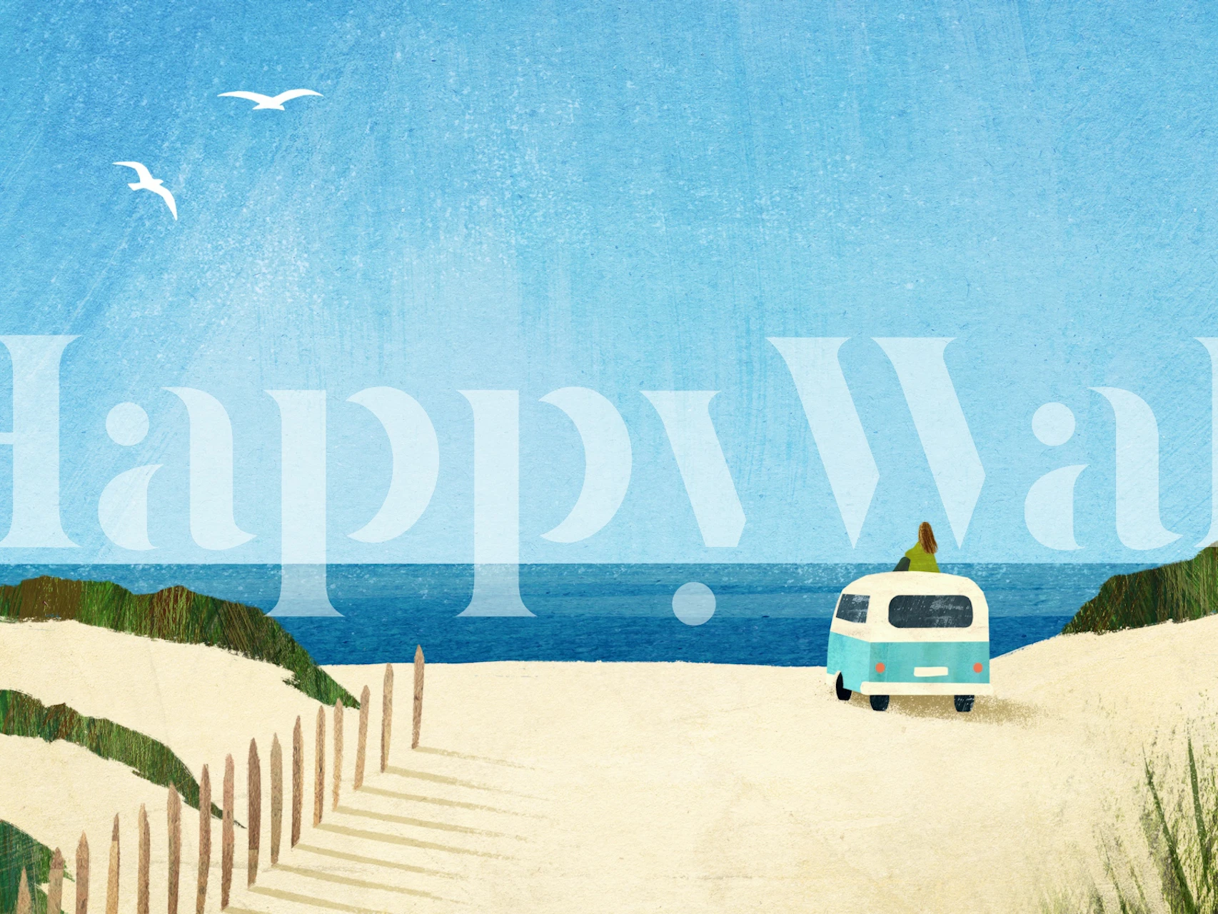 Beach scene with a blue van, ocean, sand, and fence wallpaper