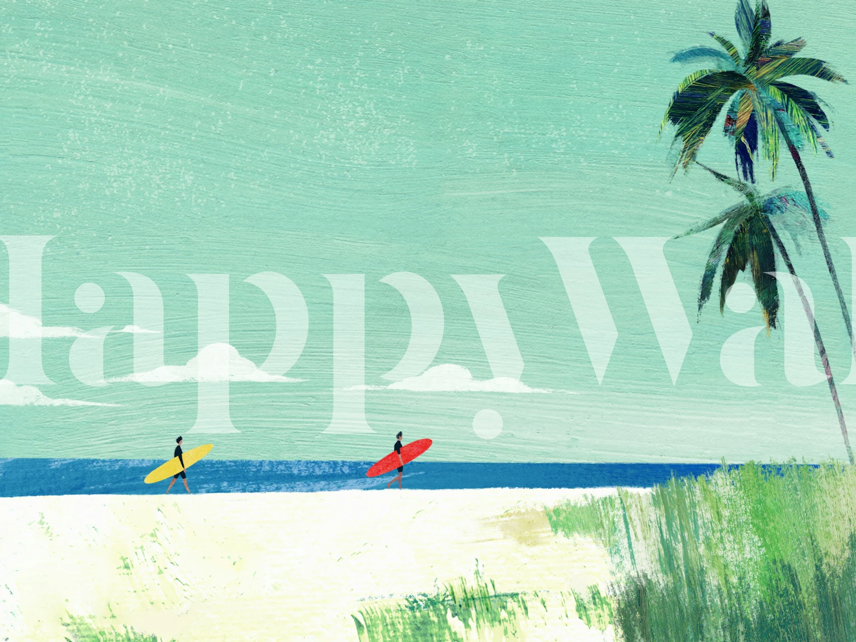 Surfers with yellow and red boards by the teal ocean, palm trees, and beach wallpaper