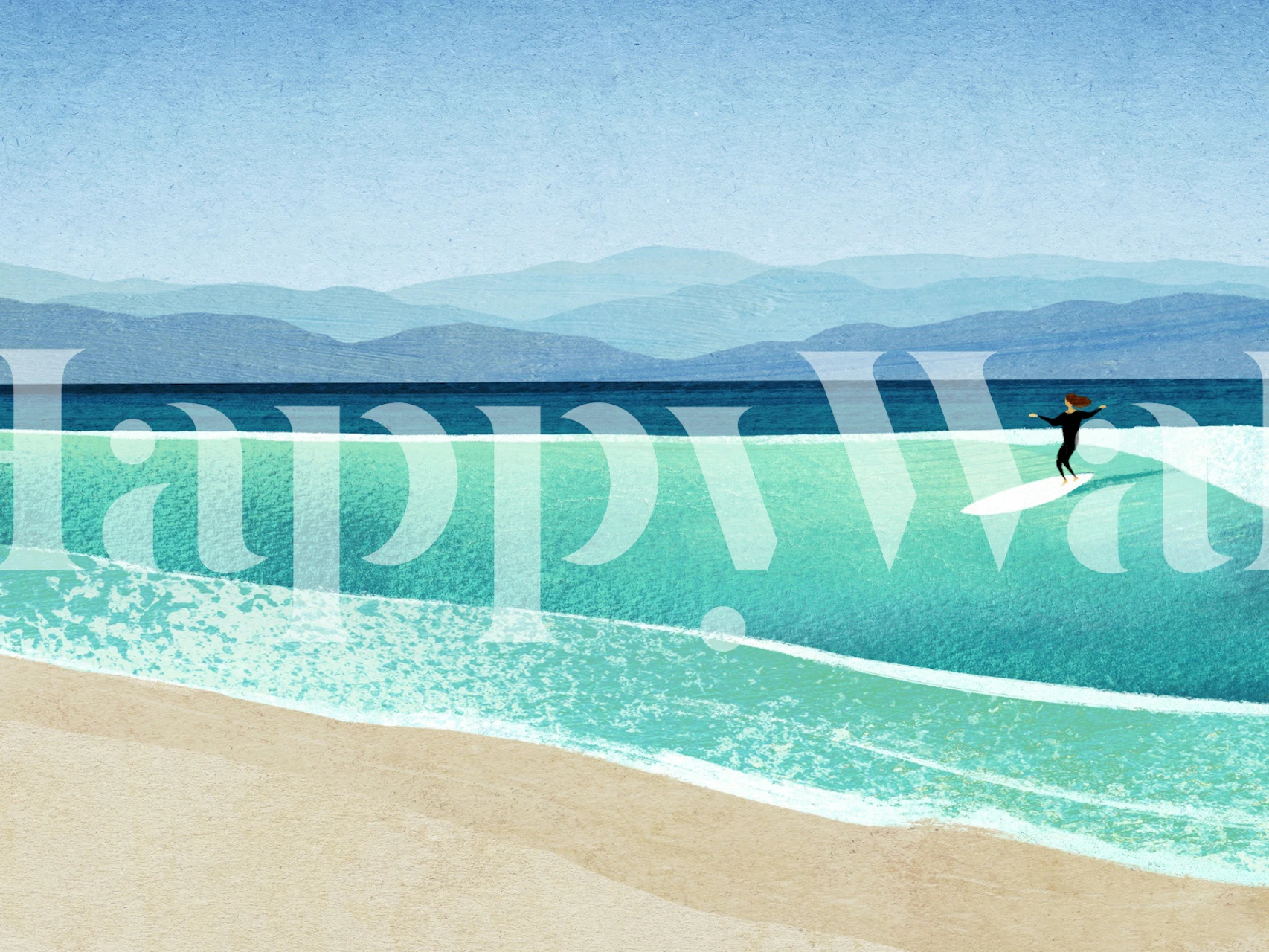 Veggmaleri av en surferjente på en uberørt strand med klare blå bølger og fjerne fjell