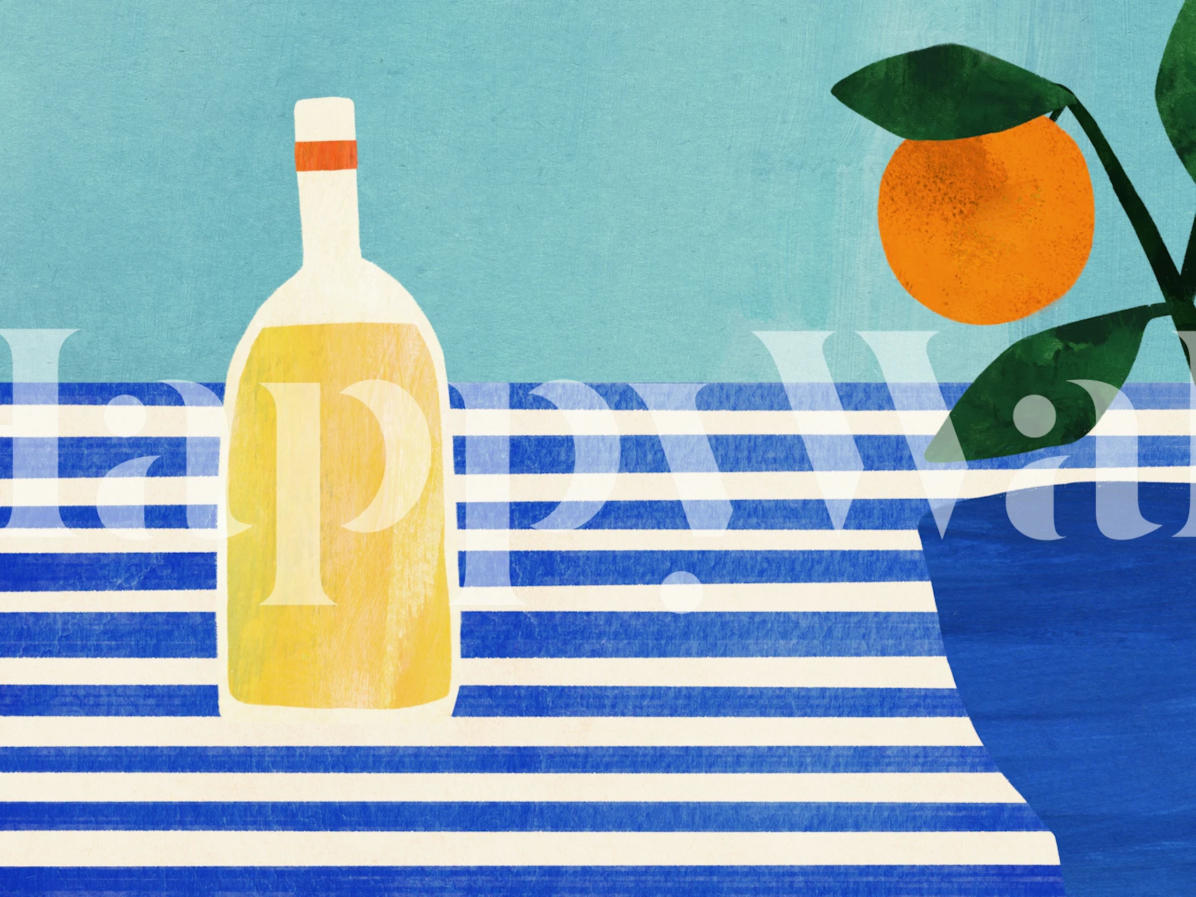 Bouteille de jus, orange, décoration, rayures bleues blanches, style mural wallpaper