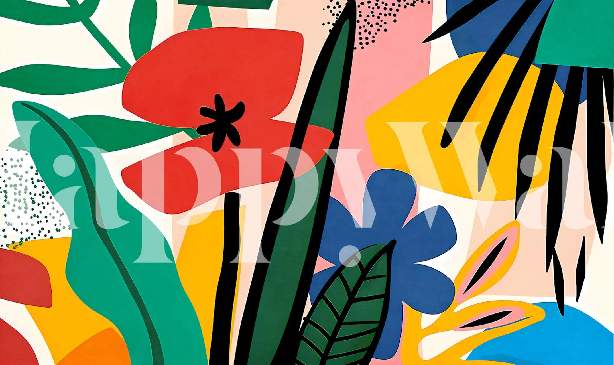 Colorful tropical flowers and leaves on white background wallpaper