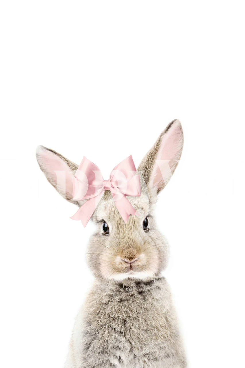 Fotomural adorable conejito gris con lazo rosa