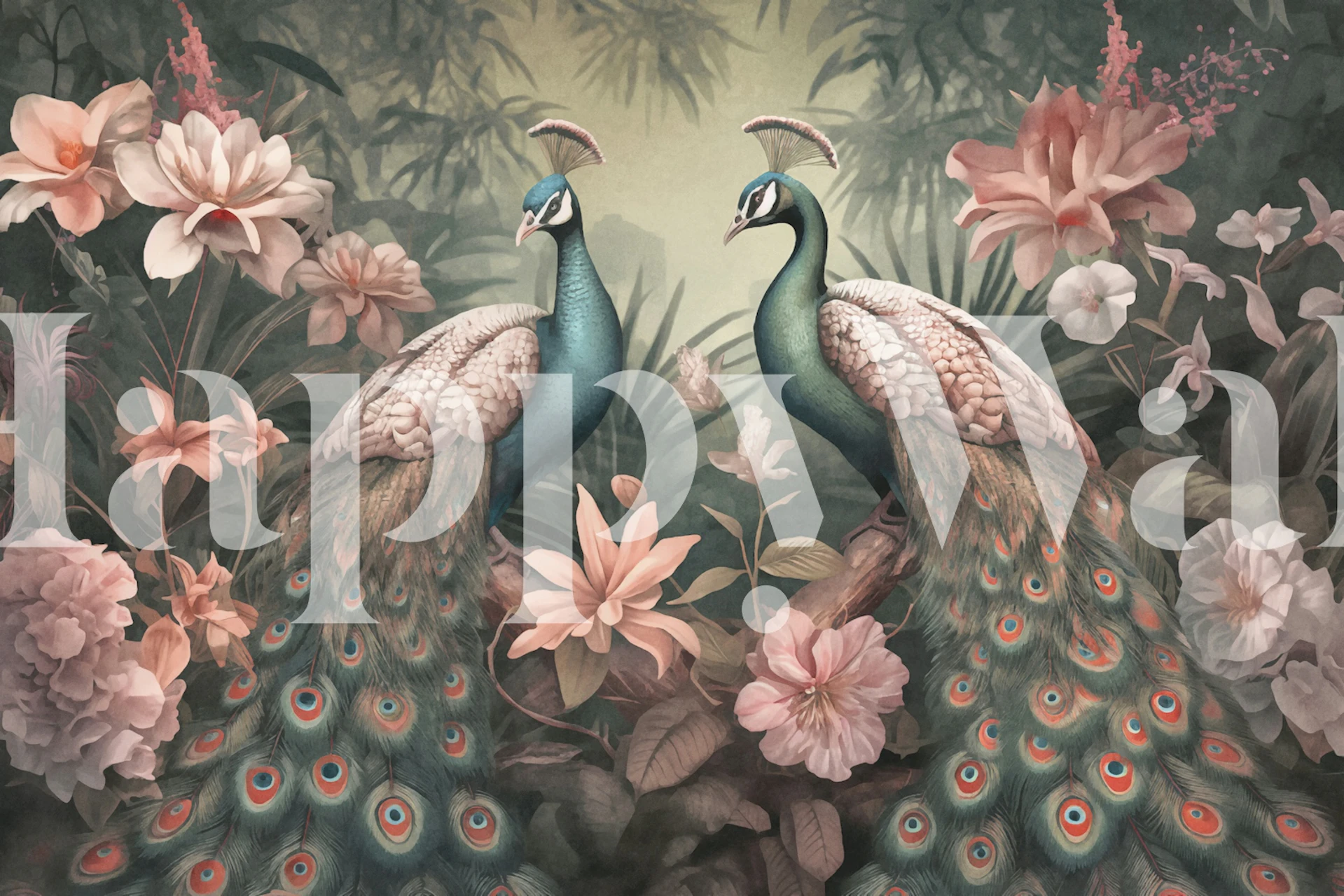 Two peacocks amidst a pink floral jungle on a wall mural