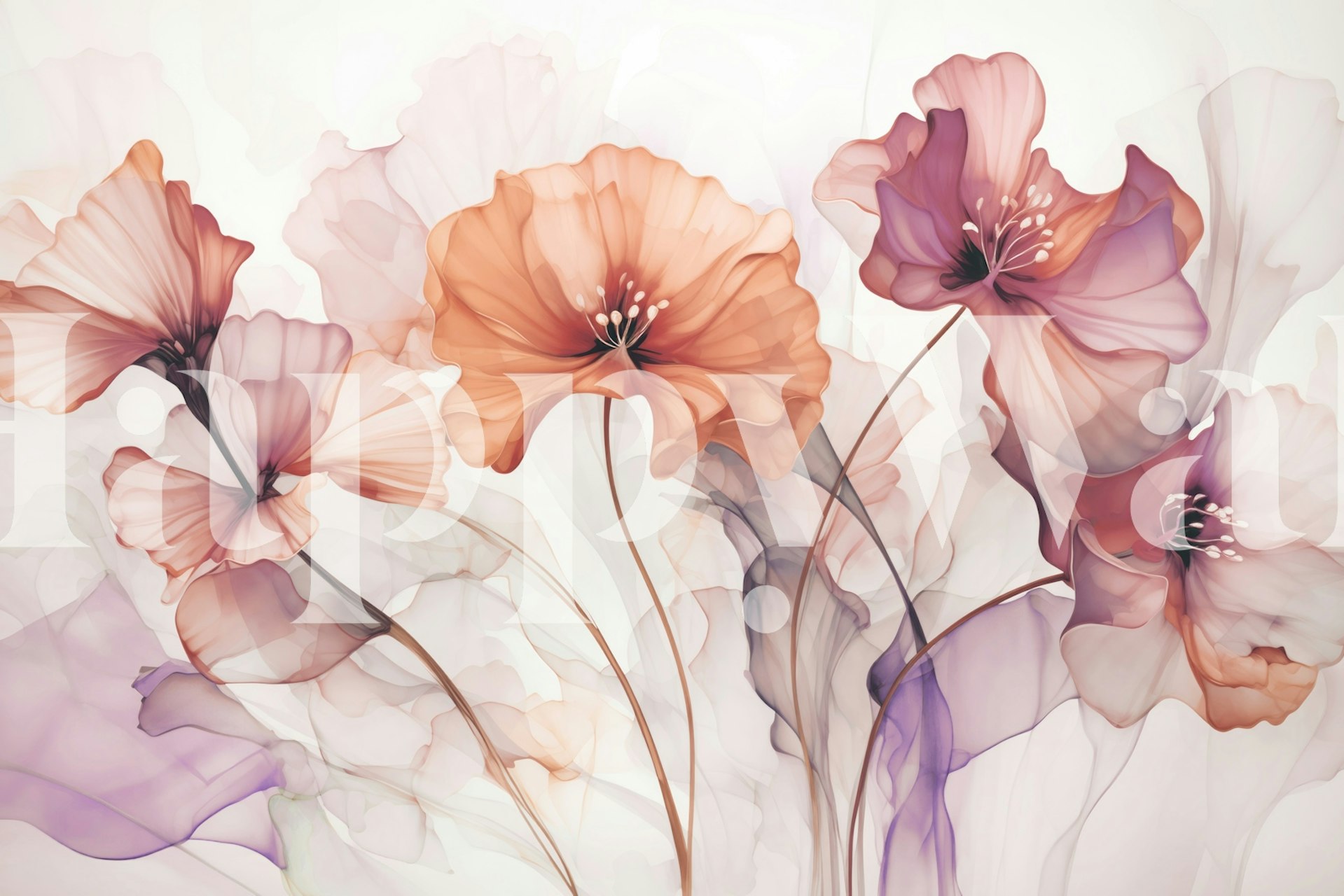 Ethereal Flower Fantasies Purple Peach wzór kwiatowy w pokoju