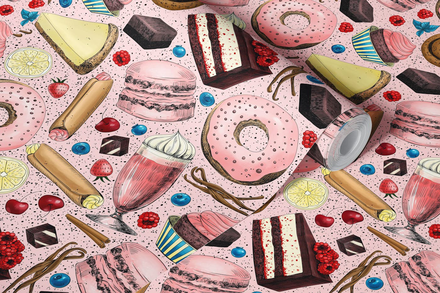 Sweet treats on pink wallpaper roll